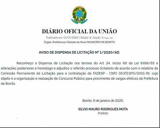 Edital do concurso de Bonito-PA sairá pela Fadesp Edital do concurso de Bonito-PA sairá pela Fadesp