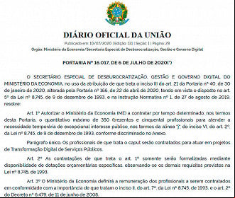 Ministério da Economia vai abrir 350 vagas em 2020 - Reprodução: Diário Oficial