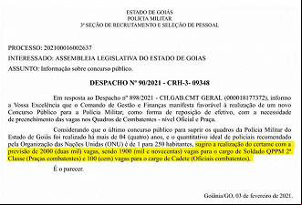 Despacho sobre novo concurso da PMGO - Fonte: Diário Oficial Despacho sobre novo concurso da PMGO - Fonte: Diário Oficial