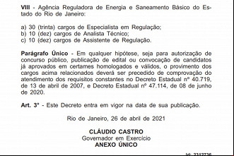 Decreto prevê vagas para a Agenersa-RJ Decreto prevê vagas para a Agenersa-RJ
