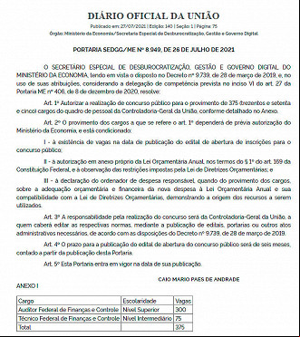Concurso CGU é autorizado - Fonte: Diário Oficial Concurso CGU é autorizado - Fonte: Diário Oficial