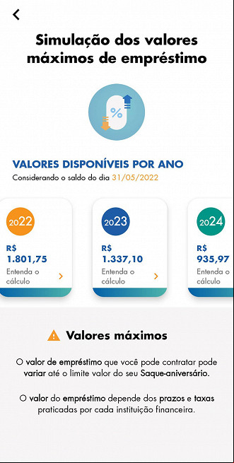 Aplicativo FGTS permite simulação do saque-aniversário antecipado. Imagem: Reprodução/Caixa. Aplicativo FGTS permite simulação do saque-aniversário antecipado. Imagem: Reprodução/Caixa.