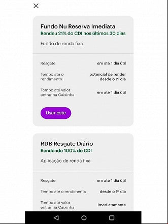 Fundo Nu Reserva Imediata possui parcela aplicada em outros ativos e por isso varia conforme o mercado - Fonte: Nubank Fundo Nu Reserva Imediata possui parcela aplicada em outros ativos e por isso varia conforme o mercado - Fonte: Nubank