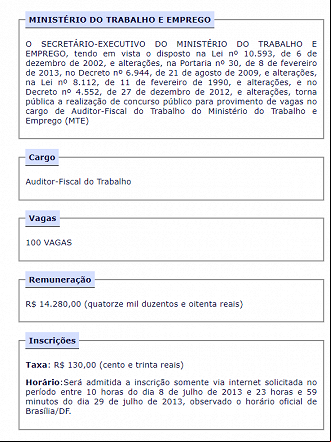 Último concurso público para Auditor Fiscal do Trabalho, há quase treze anos, pelo Cespe - Reprodução
