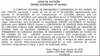 Concurso CREA RS está em definição de banca - Reprodução/DOU Concurso CREA RS está em definição de banca - Reprodução/DOU