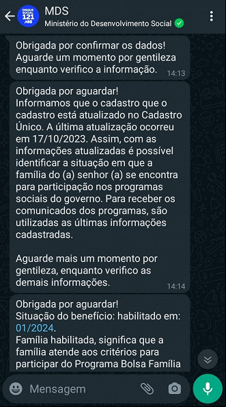 Whatsapp do Bolsa Família mostra situação do benefício em janeiro. Whatsapp do Bolsa Família mostra situação do benefício em janeiro.