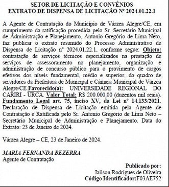 Extrato com a banca organizadora do concurso